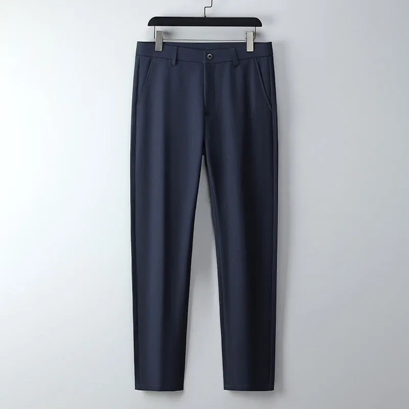Men's spinning summer business casual trousers in solid colour black, polyester fabric, micro elastic waist, sizes 29-40