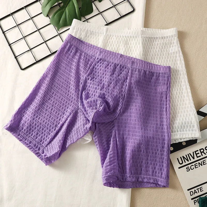 Men's solid colour lace boxer shorts with hip-lifting shaping design