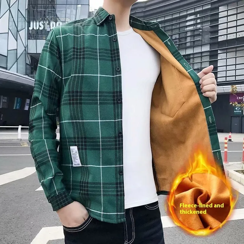 Men's Warm Thickened Cotton Cardigan Plaid Shirt Korean Slim Fit Coat Trendy Handsome for Leisure Wear in Multiple Colours and Sizes M-3XL