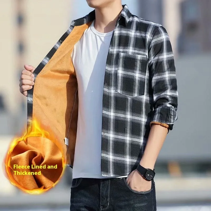 Men's Warm Thickened Cotton Cardigan Plaid Shirt Korean Slim Fit Coat Trendy Handsome for Leisure Wear in Multiple Colours and Sizes M-3XL