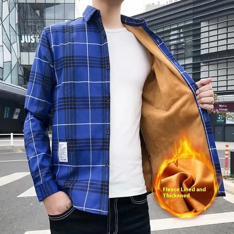 Men's Warm Thickened Cotton Cardigan Plaid Shirt Korean Slim Fit Coat Trendy Handsome for Leisure Wear in Multiple Colours and Sizes M-3XL