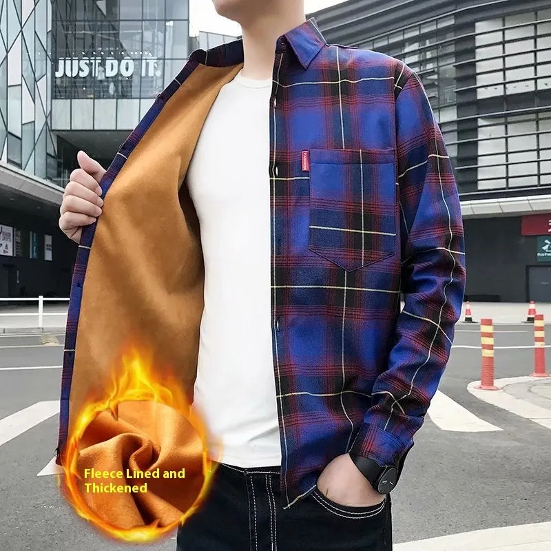 Men's Warm Thickened Cotton Cardigan Plaid Shirt Korean Slim Fit Coat Trendy Handsome for Leisure Wear in Multiple Colours and Sizes M-3XL