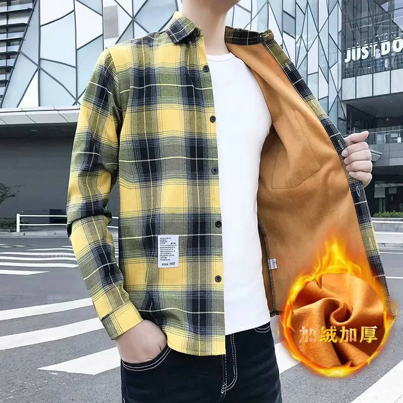 Men's Warm Thickened Cotton Cardigan Plaid Shirt Korean Slim Fit Coat Trendy Handsome for Leisure Wear in Multiple Colours and Sizes M-3XL