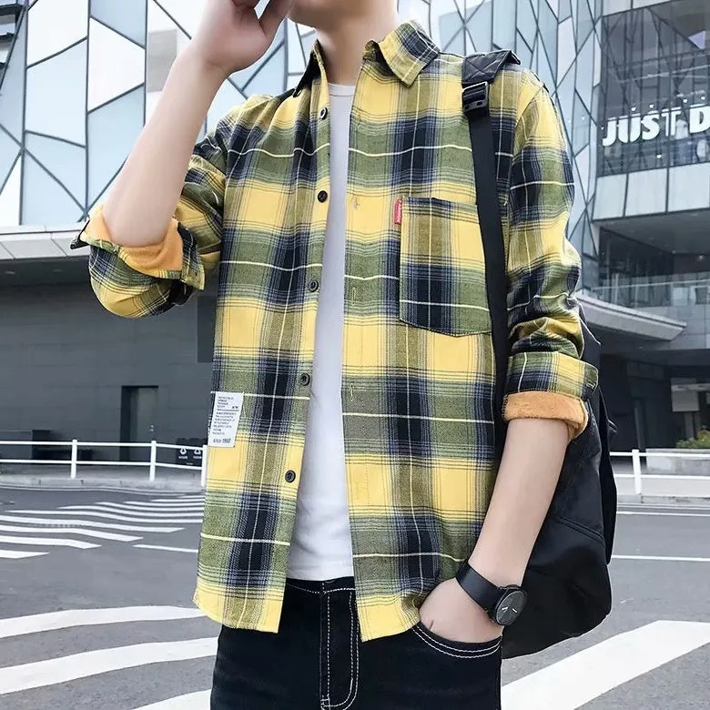 Men's Warm Thickened Cotton Cardigan Plaid Shirt Korean Slim Fit Coat Trendy Handsome for Leisure Wear in Multiple Colours and Sizes M-3XL
