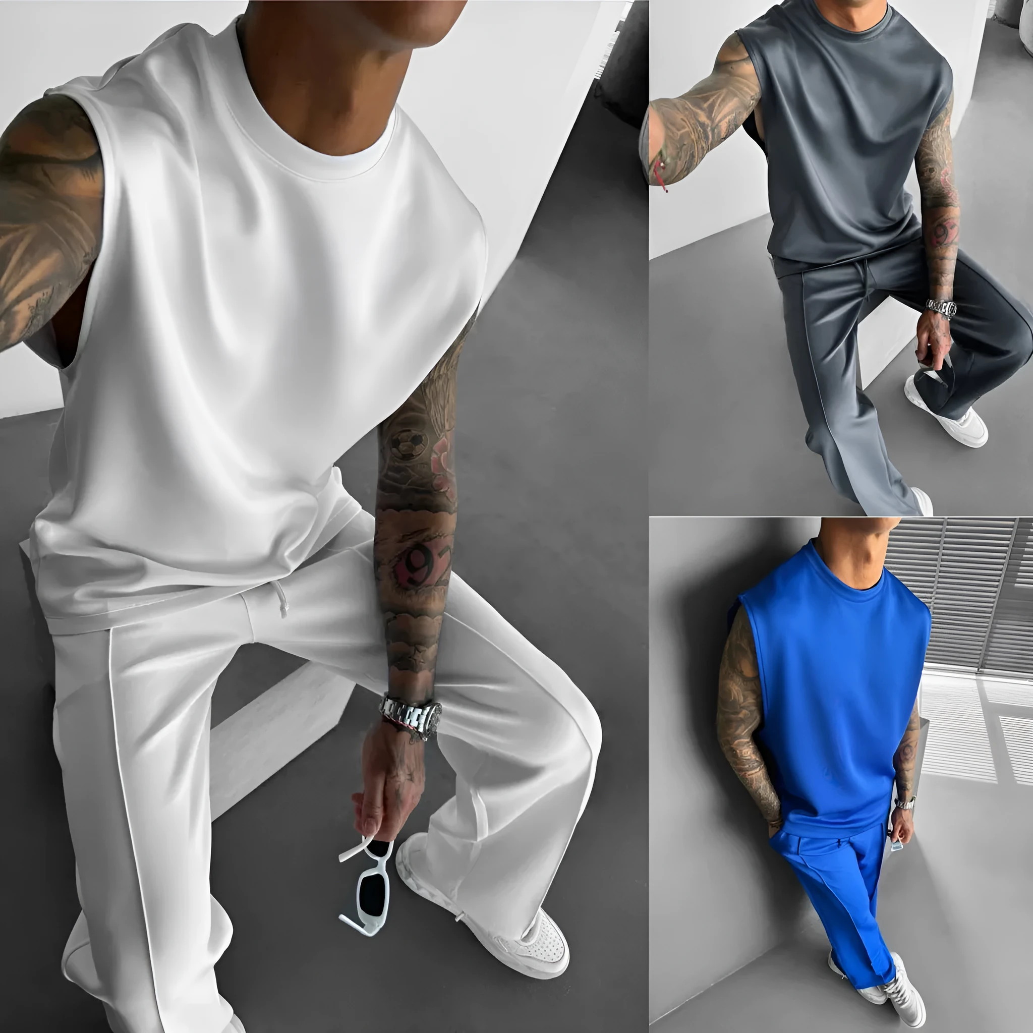 Men's two-piece suit set with trousers and vest in simple style, available in multiple colours, polyester fabric