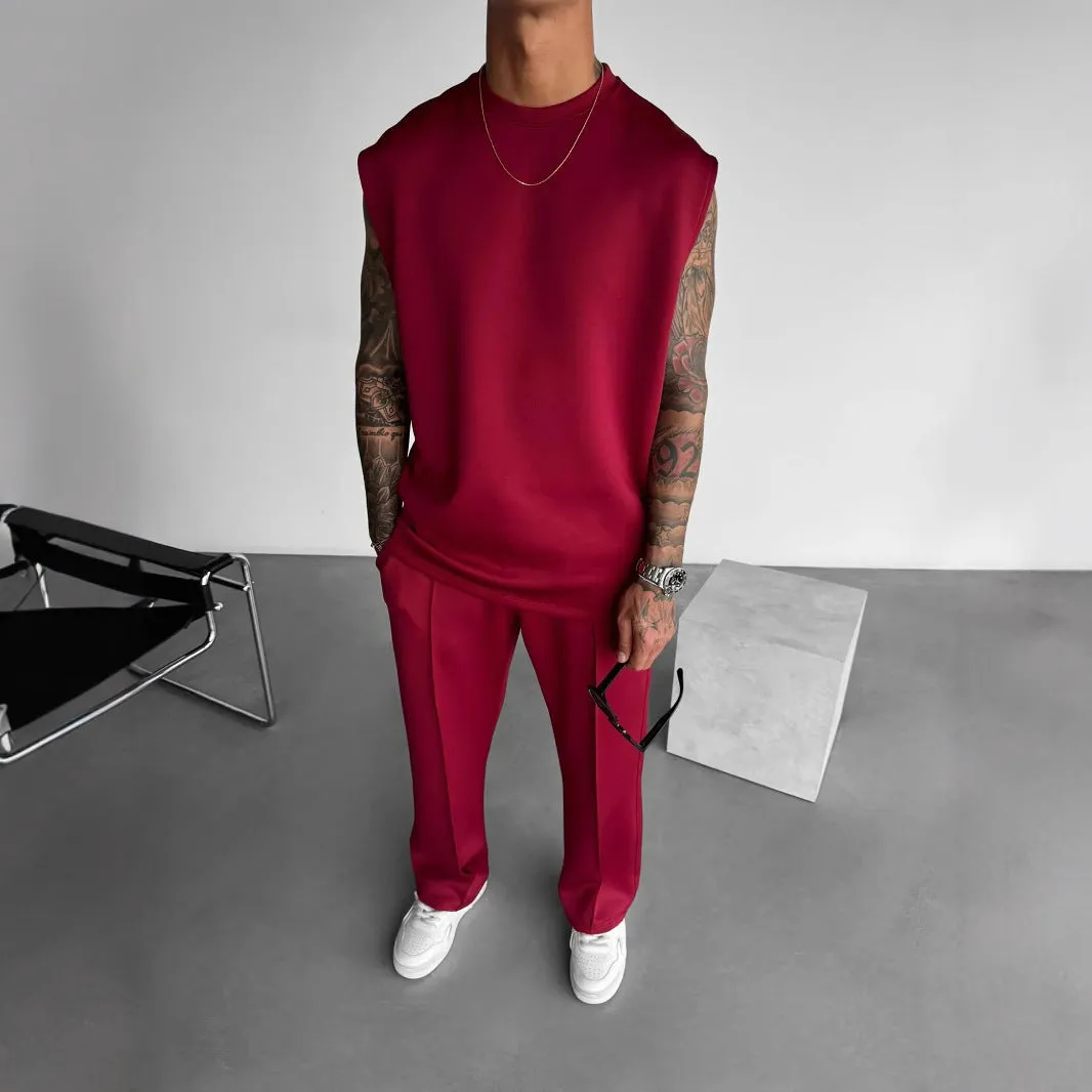 Men's two-piece suit set with trousers and vest in simple style, available in multiple colours, polyester fabric