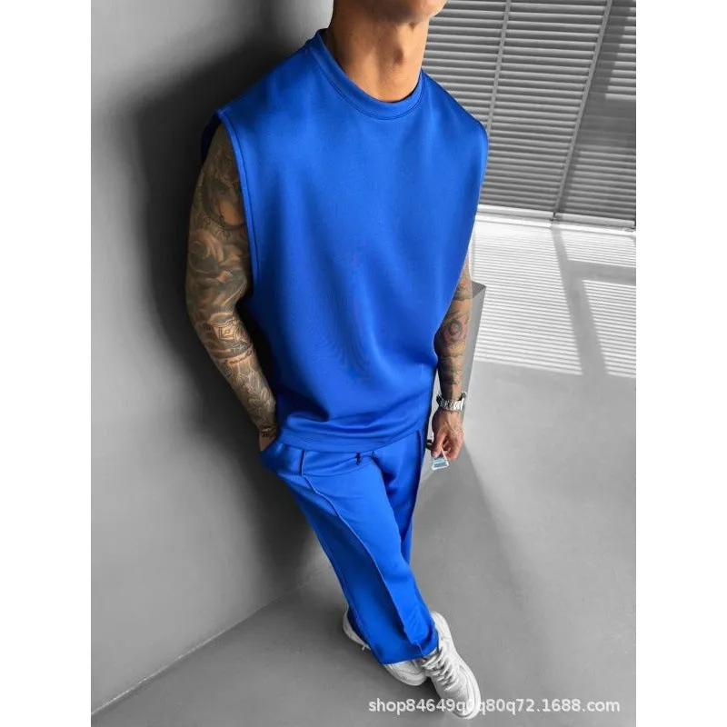 Men's two-piece suit set with trousers and vest in simple style, available in multiple colours, polyester fabric