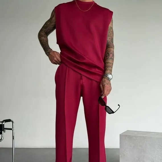Men's two-piece suit set with trousers and vest in simple style, available in multiple colours, polyester fabric