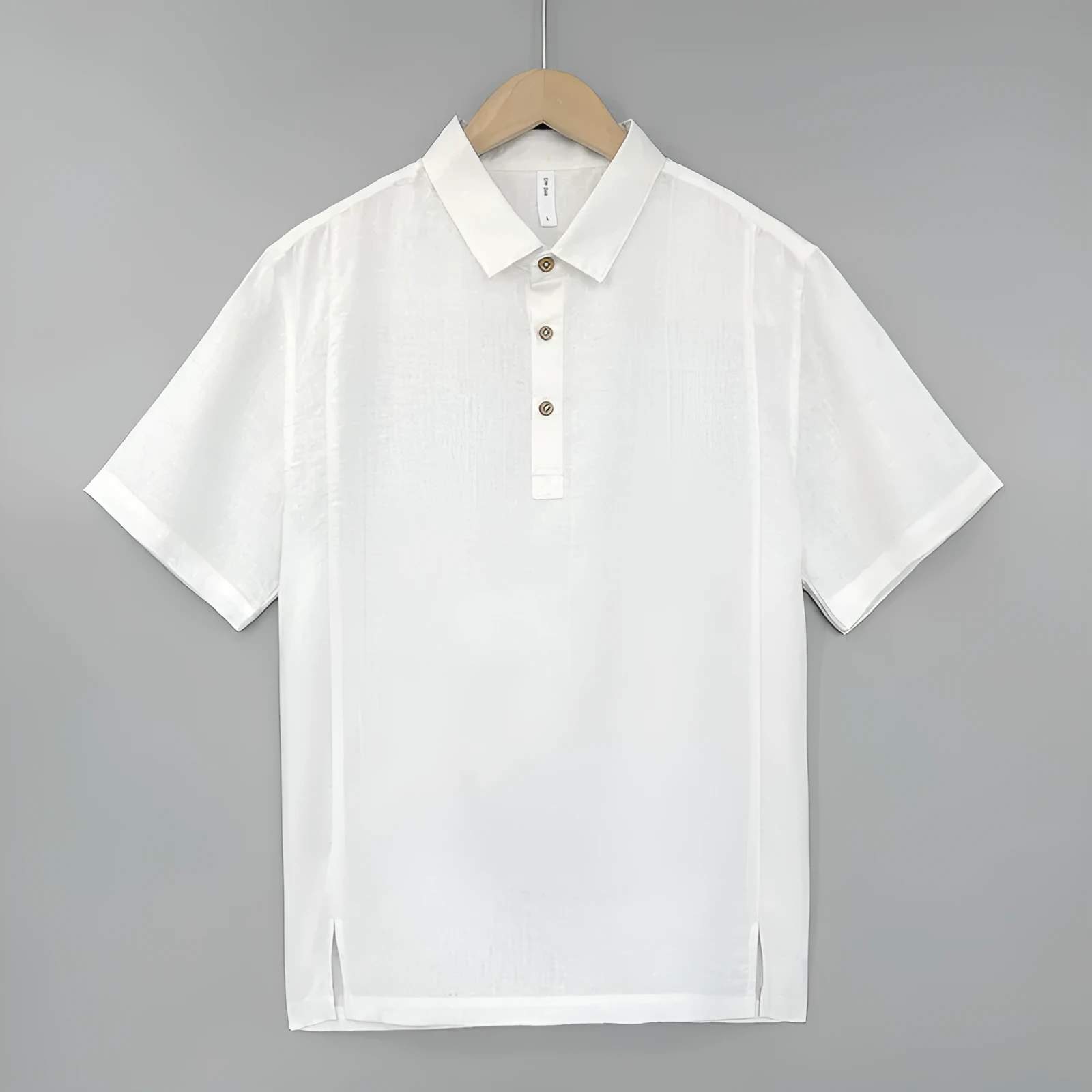 Men's loose-fit short-sleeve linen top in gray green on a hanger