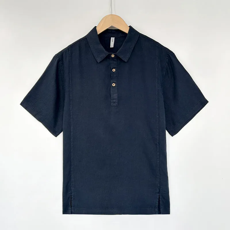 Men's loose-fit short-sleeve linen top in gray green on a hanger