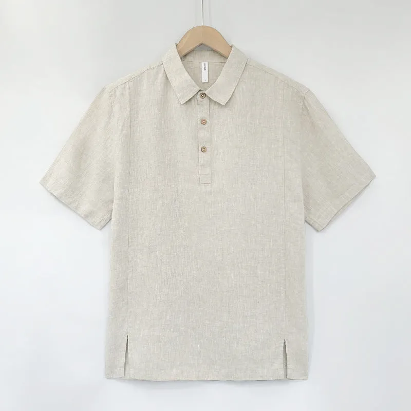 Men's loose-fit short-sleeve linen top in gray green on a hanger