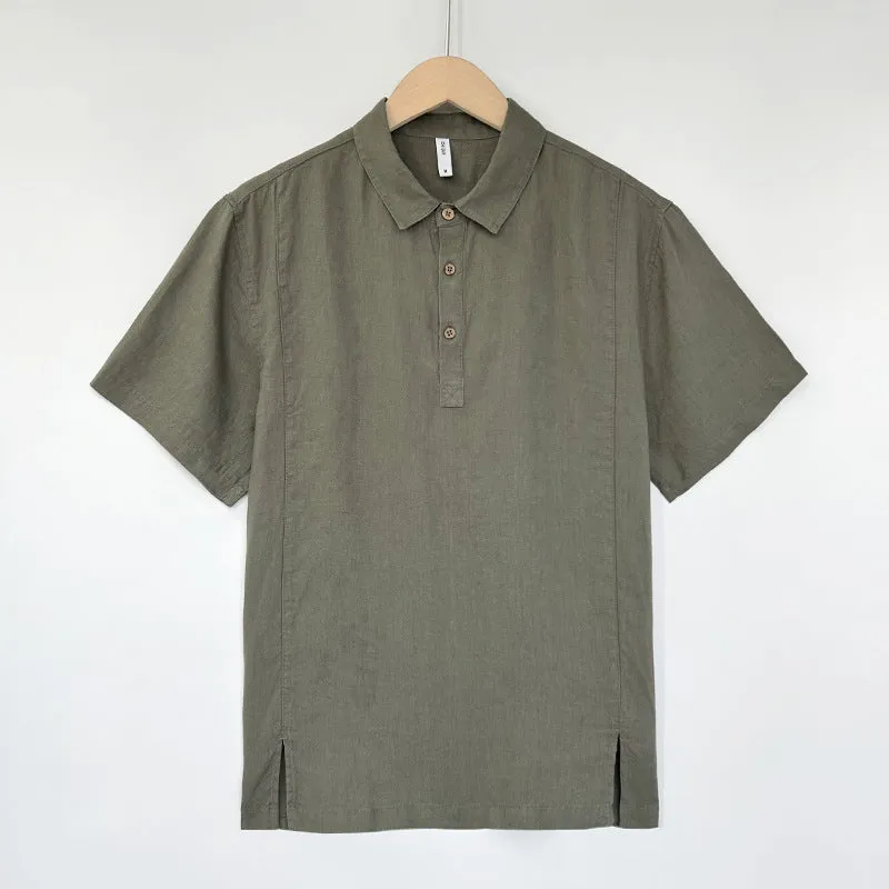 Men's loose-fit short-sleeve linen top in gray green on a hanger