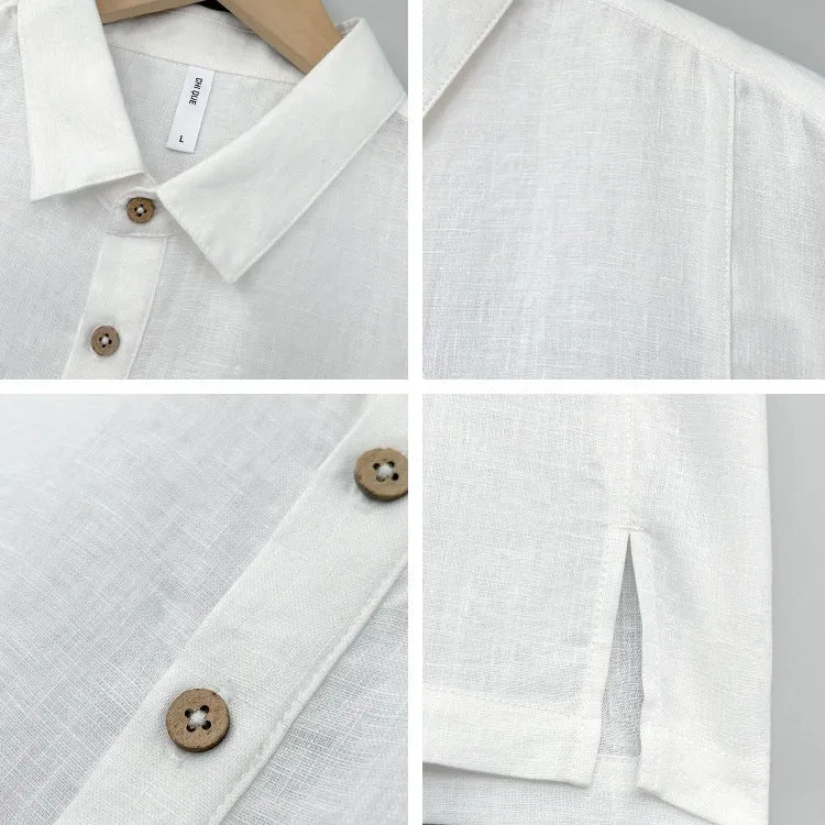 Men's loose-fit short-sleeve linen top in gray green on a hanger