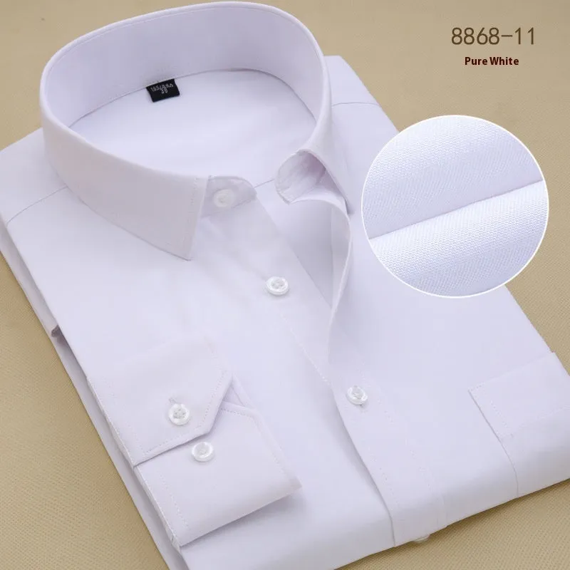 Men's black slim fit long sleeve cotton business shirt on a hanger.