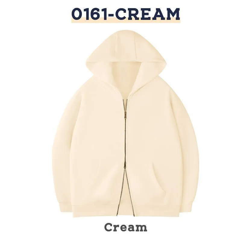 Men's and women's casual zipper hoodie in thick polyester, cardigan style, colour Milky White, long sleeves, medium length 65cm
