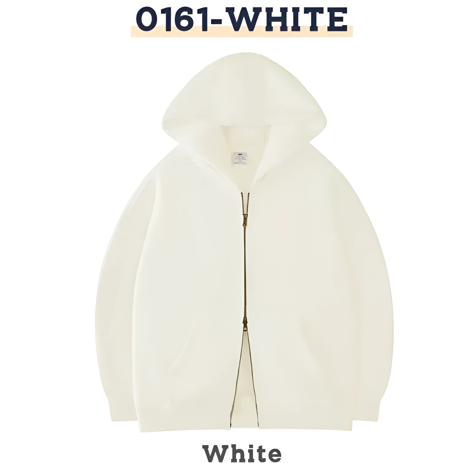 Men's and women's casual zipper hoodie in thick polyester, cardigan style, colour Milky White, long sleeves, medium length 65cm