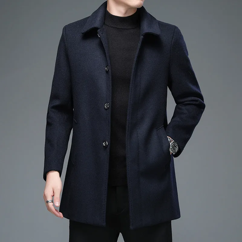 Mid-length Korean style trench coat with lapel collar and long sleeves in dark blue wool blend