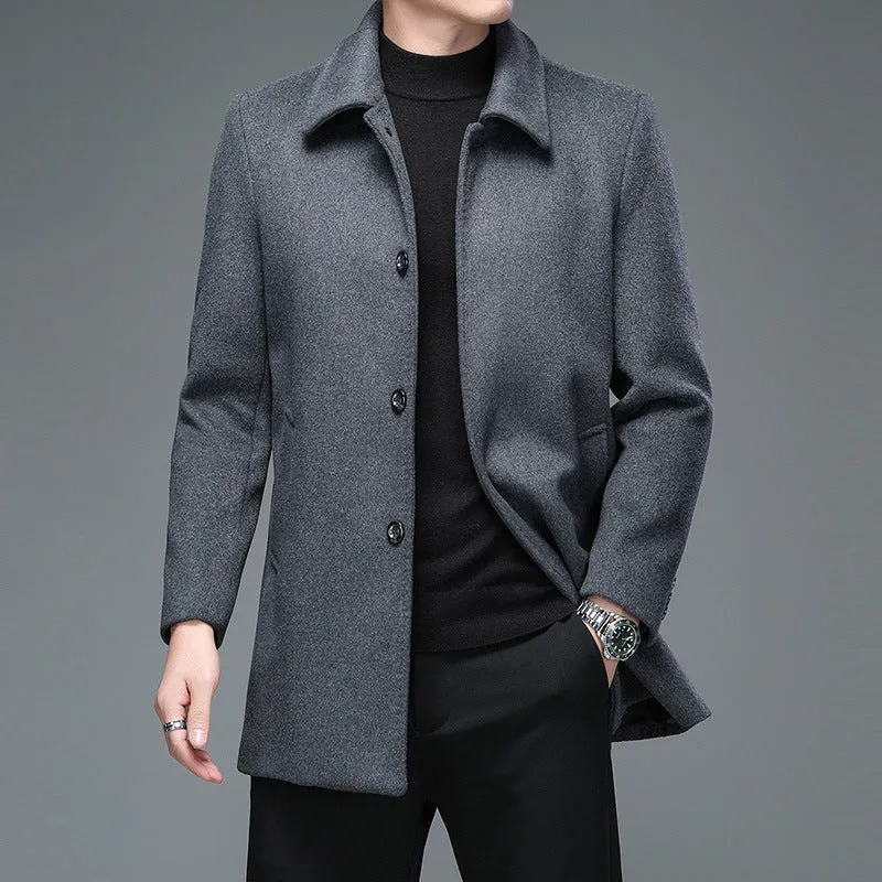 Mid-length Korean style trench coat with lapel collar and long sleeves in dark blue wool blend
