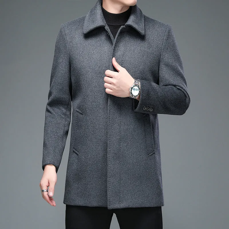 Mid-length Korean style trench coat with lapel collar and long sleeves in dark blue wool blend