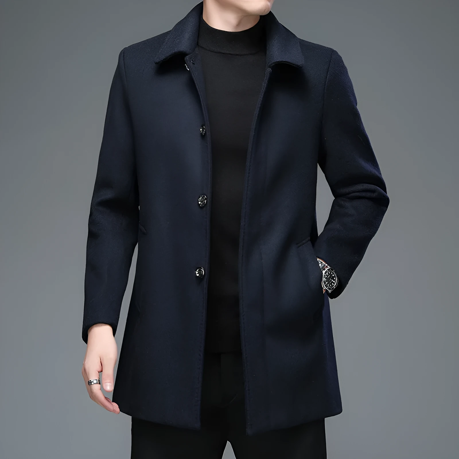 Mid-length Korean style trench coat with lapel collar and long sleeves in dark blue wool blend