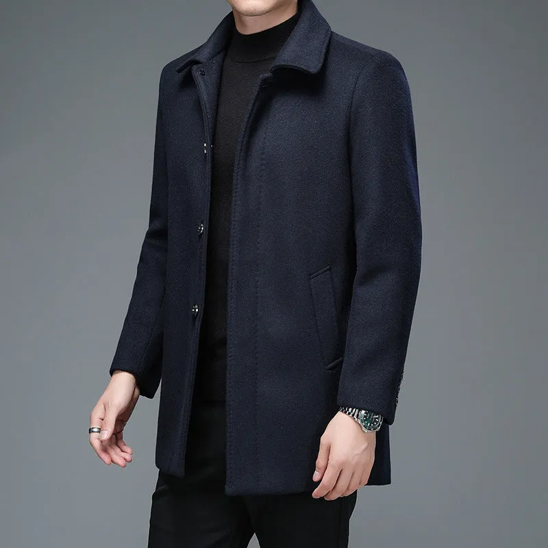 Mid-length Korean style trench coat with lapel collar and long sleeves in dark blue wool blend