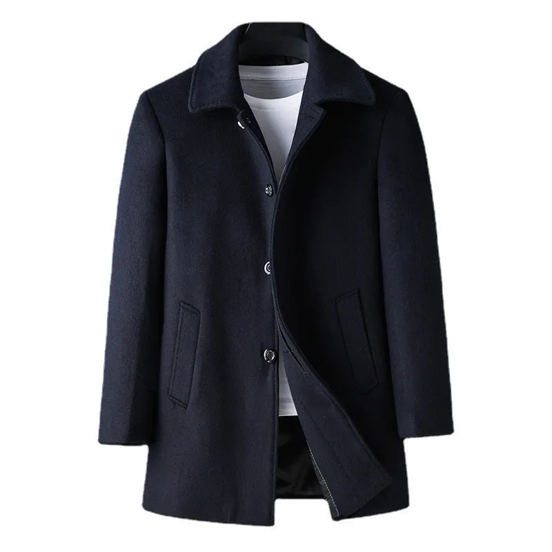 Mid-length Korean style trench coat with lapel collar and long sleeves in dark blue wool blend