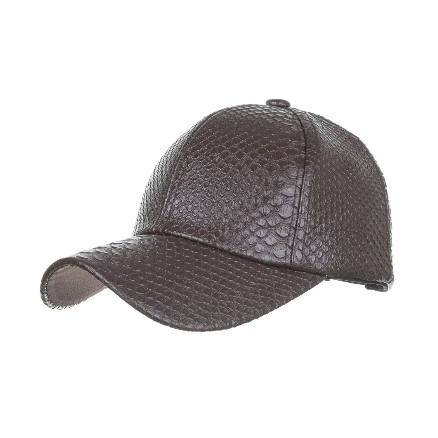 Black PU leather trucker cap with snapback closure and mesh back worn by a person