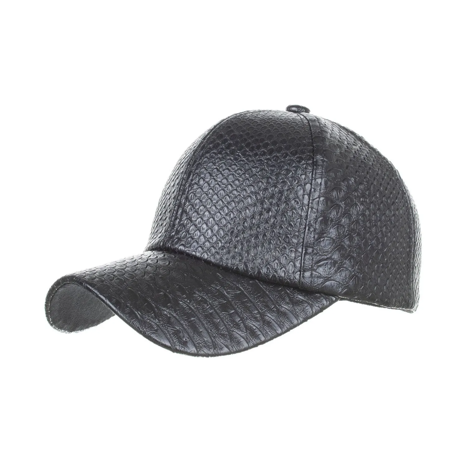 Black PU leather trucker cap with snapback closure and mesh back worn by a person