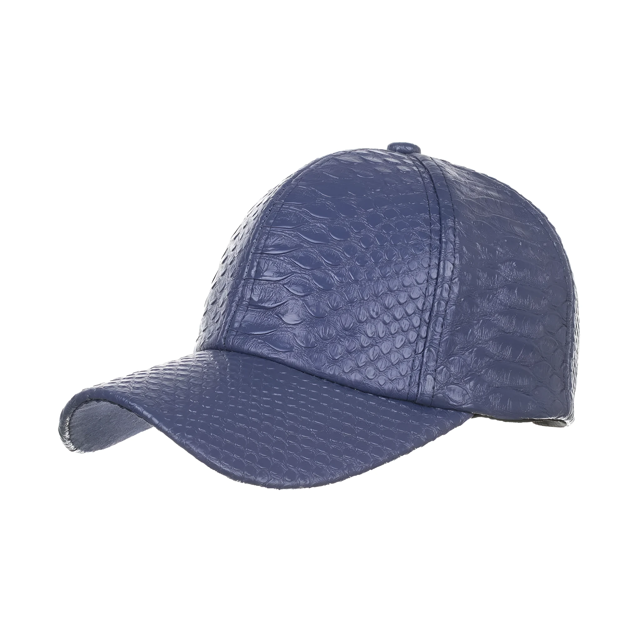 Black PU leather trucker cap with snapback closure and mesh back worn by a person