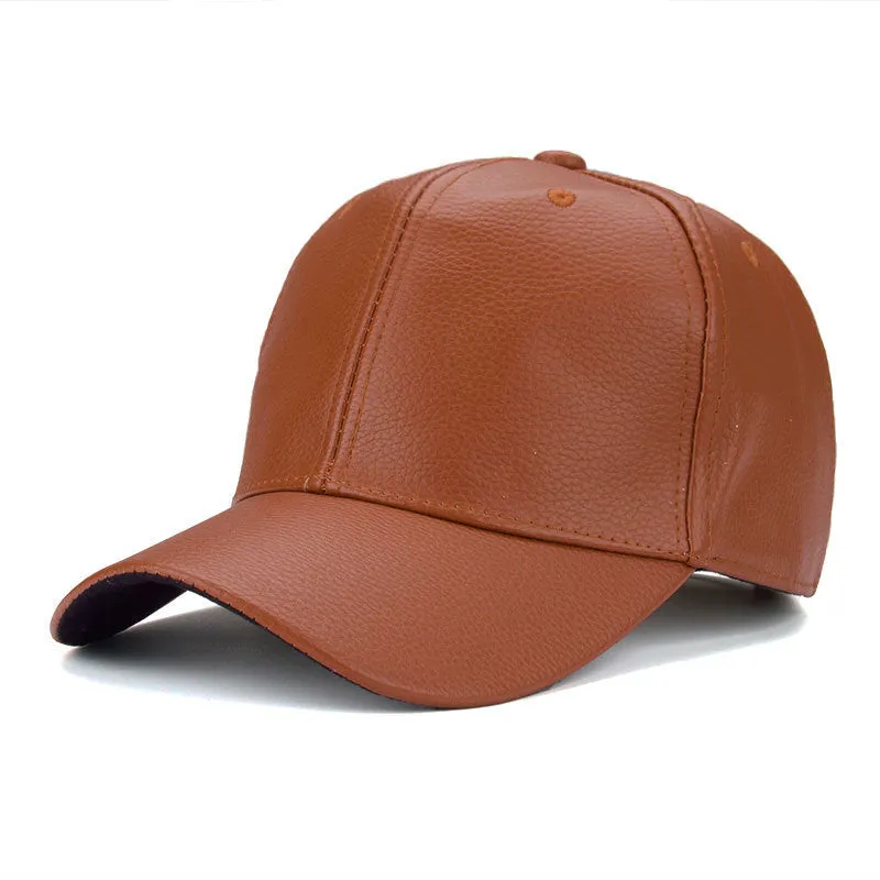 Black PU leather trucker cap with snapback closure and mesh back worn by a person