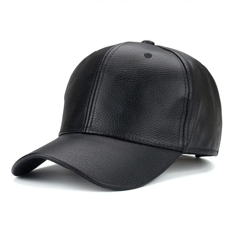 Black PU leather trucker cap with snapback closure and mesh back worn by a person