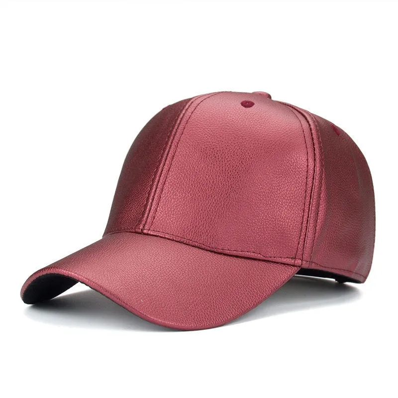 Black PU leather trucker cap with snapback closure and mesh back worn by a person