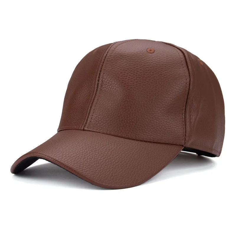 Black PU leather trucker cap with snapback closure and mesh back worn by a person