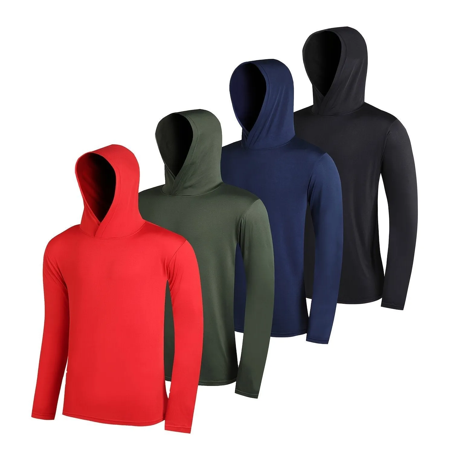 Four men's lightweight polyester hoodies folded, showing colour options Wthm-451, Wthm-452, Wthm-453, Wthm-455, Wthm-456.