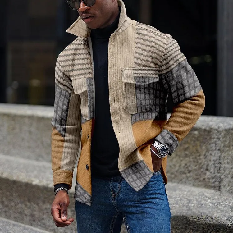 Men's casual double-breasted lapel jacket with digital print, loose fit, round hem, polyester blend, available in Black and White