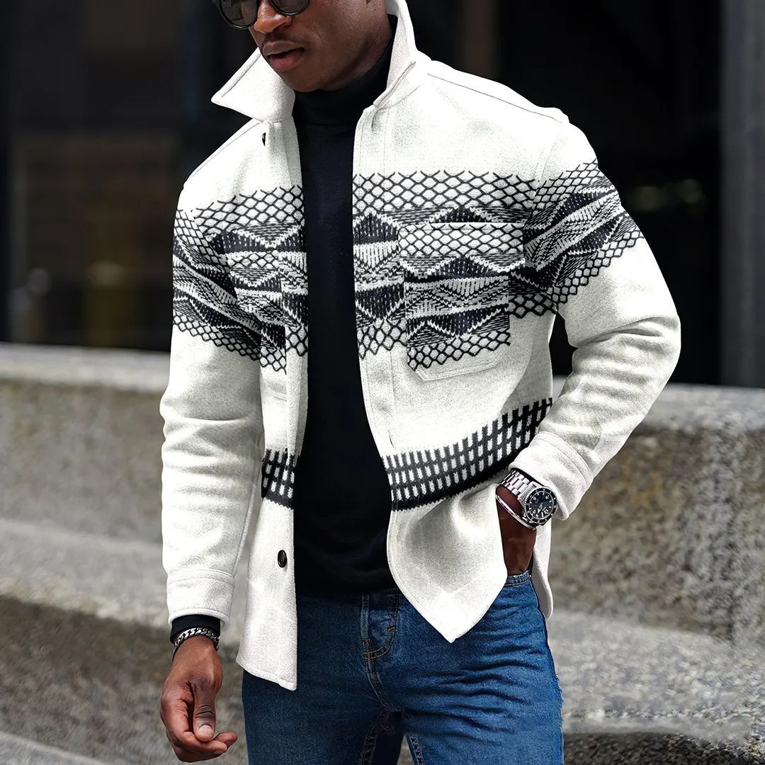 Men's casual double-breasted lapel jacket with digital print, loose fit, round hem, polyester blend, available in Black and White
