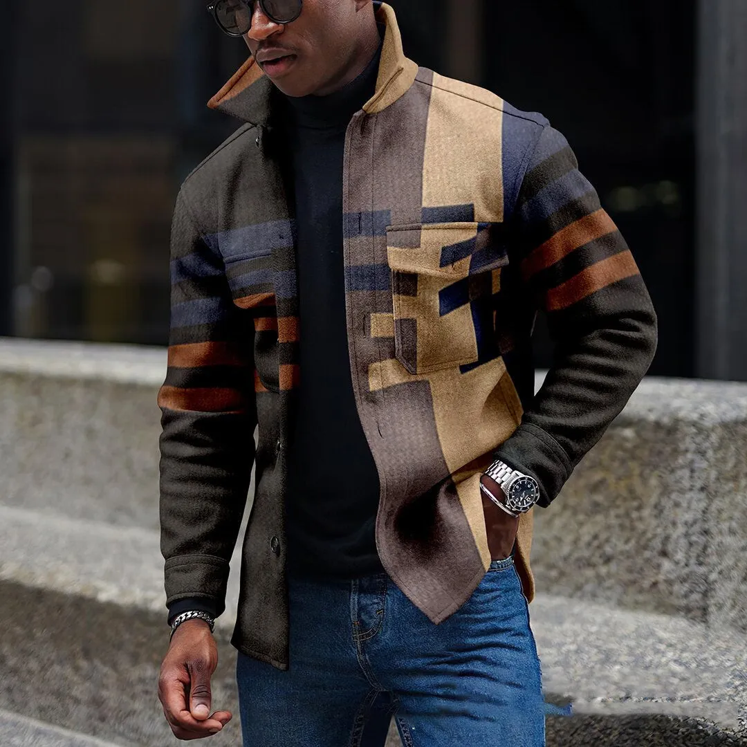 Men's casual double-breasted lapel jacket with digital print, loose fit, round hem, polyester blend, available in Black and White