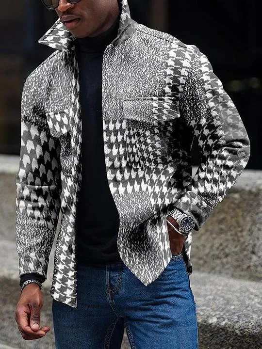 Men's casual double-breasted lapel jacket with digital print, loose fit, round hem, polyester blend, available in Black and White
