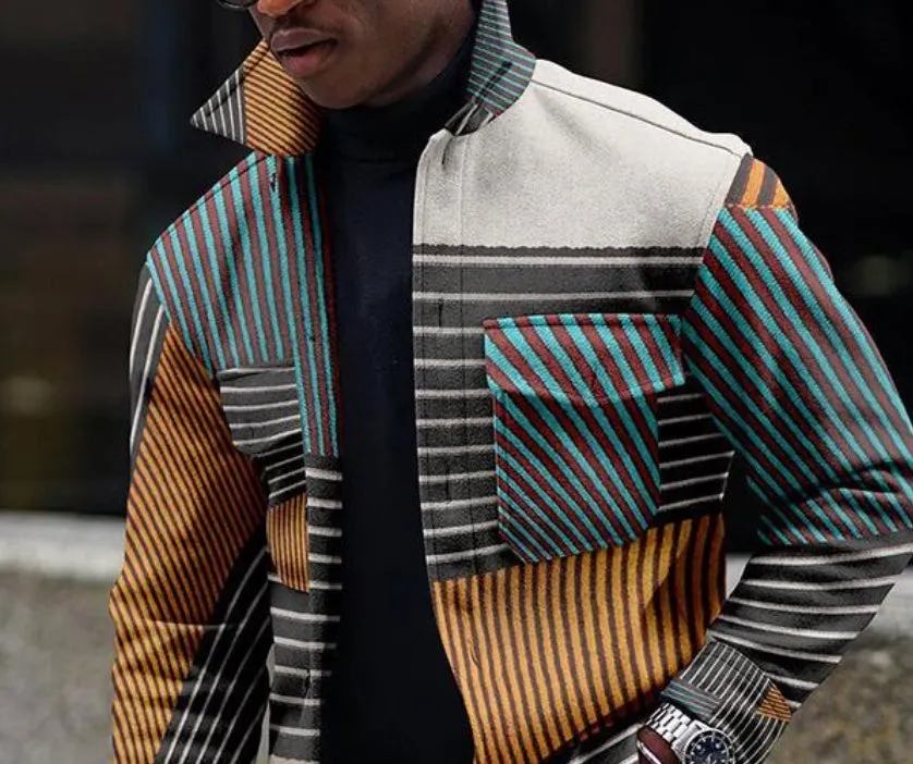Men's casual double-breasted lapel jacket with digital print, loose fit, round hem, polyester blend, available in Black and White