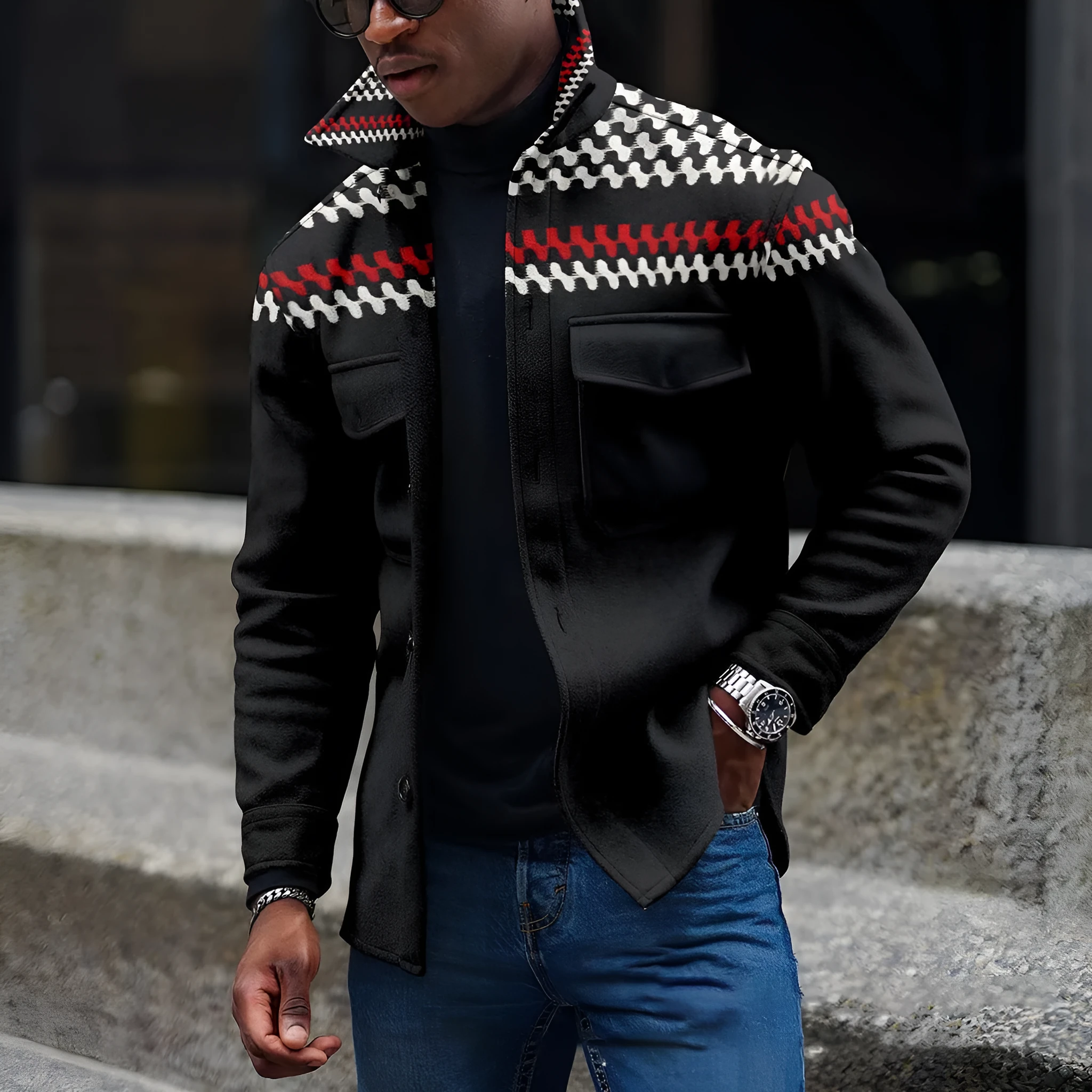 Men's casual double-breasted lapel jacket with digital print, loose fit, round hem, polyester blend, available in Black and White
