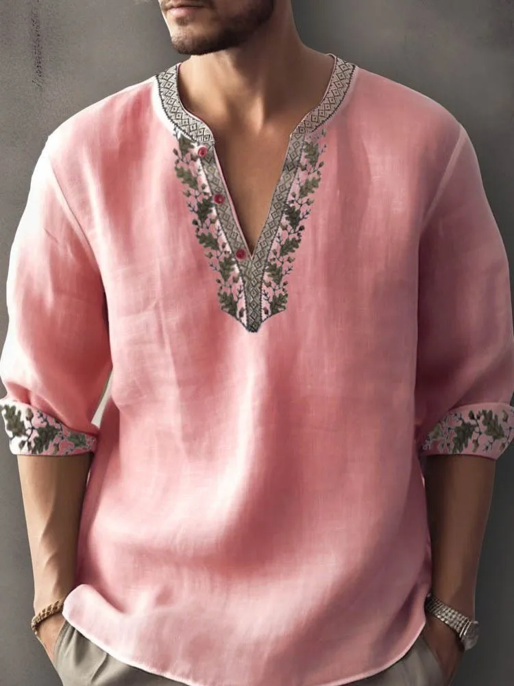 British-style short sleeve pullover shirt with 3D printed stripes on bamboo hemp fabric.
