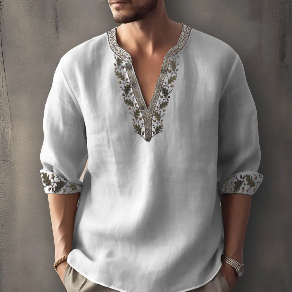 British-style short sleeve pullover shirt with 3D printed stripes on bamboo hemp fabric.