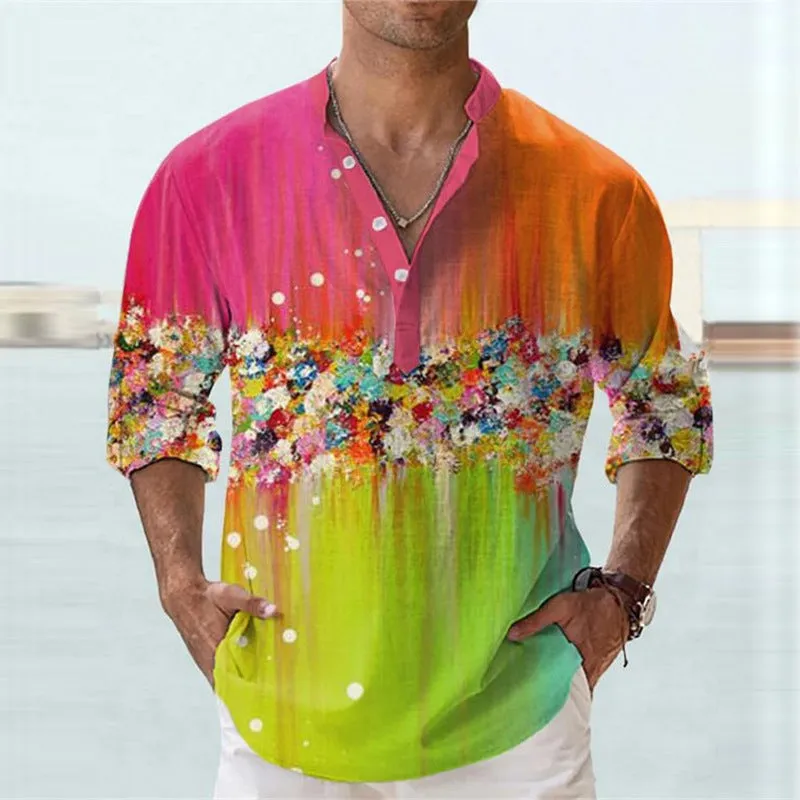 British-style short sleeve pullover shirt with 3D printed stripes on bamboo hemp fabric.