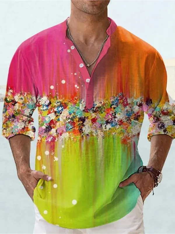 British-style short sleeve pullover shirt with 3D printed stripes on bamboo hemp fabric.
