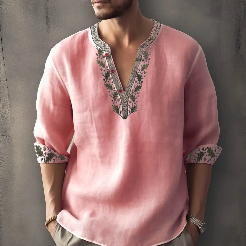 British-style short sleeve pullover shirt with 3D printed stripes on bamboo hemp fabric.