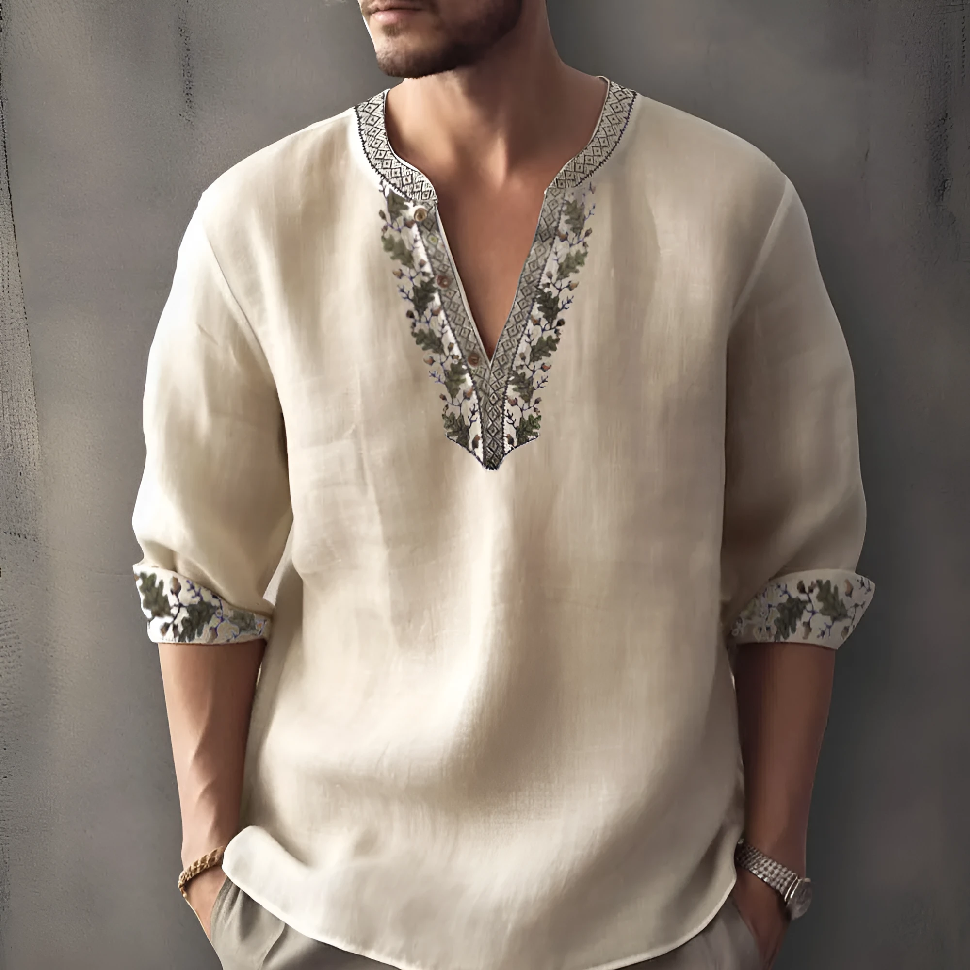 British-style short sleeve pullover shirt with 3D printed stripes on bamboo hemp fabric.