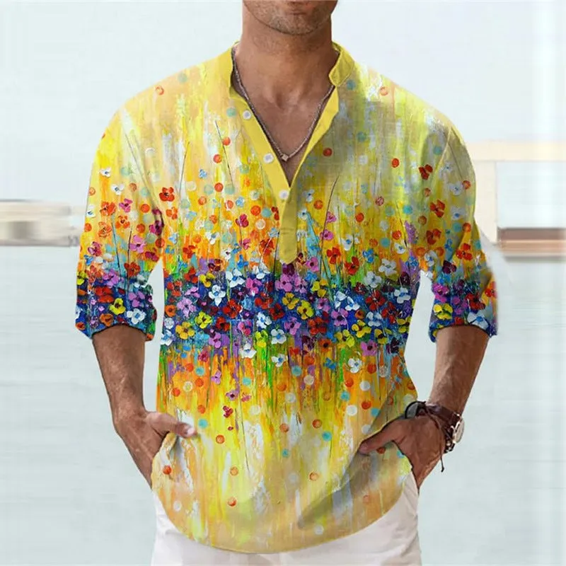 British-style short sleeve pullover shirt with 3D printed stripes on bamboo hemp fabric.