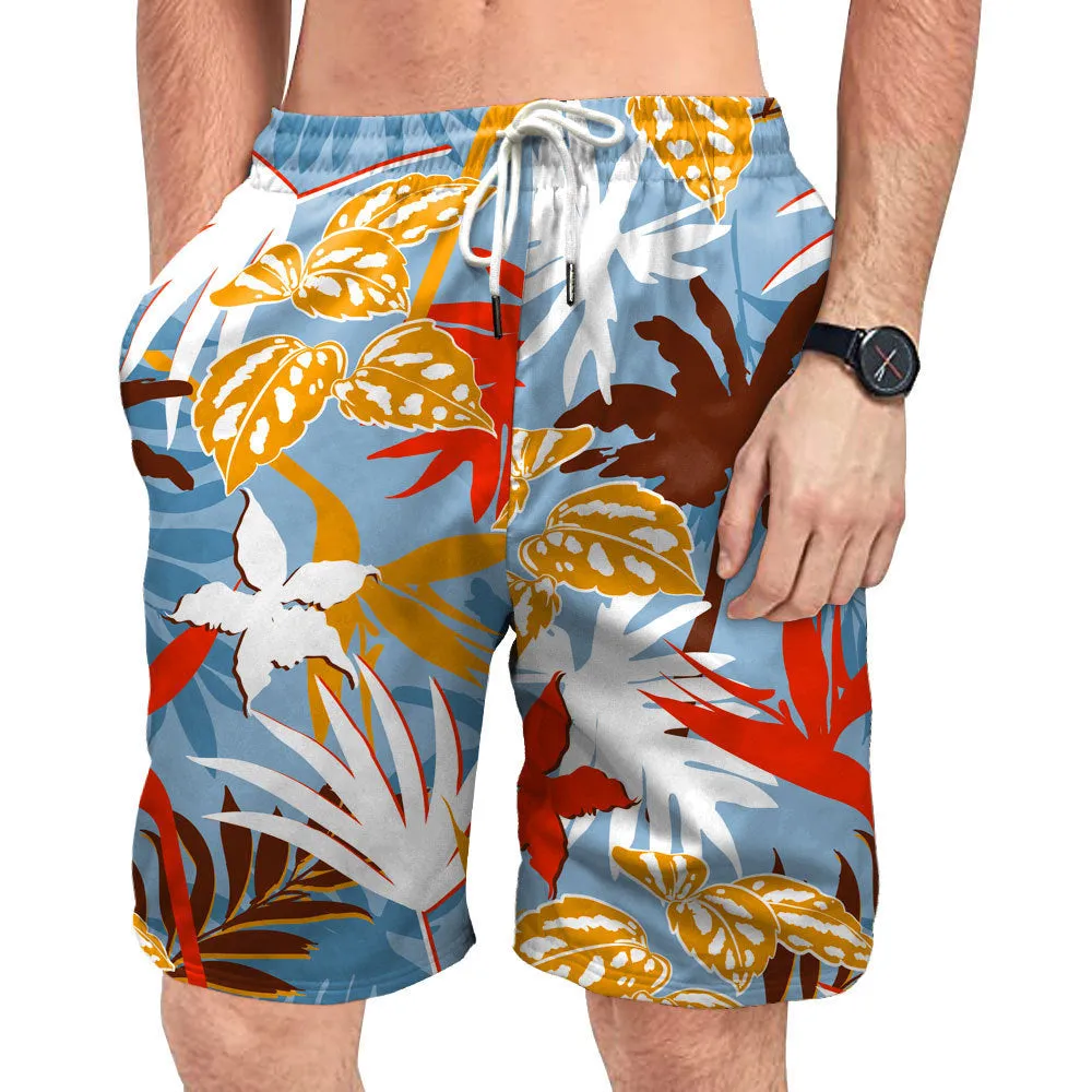 Men's beach digital printed shorts and shirt set with inner mesh lining, cotton blend fabric, short sleeves, two colour options
