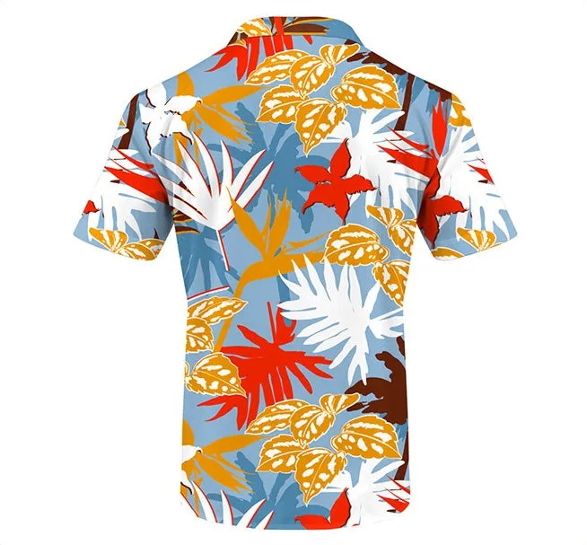 Men's beach digital printed shorts and shirt set with inner mesh lining, cotton blend fabric, short sleeves, two colour options