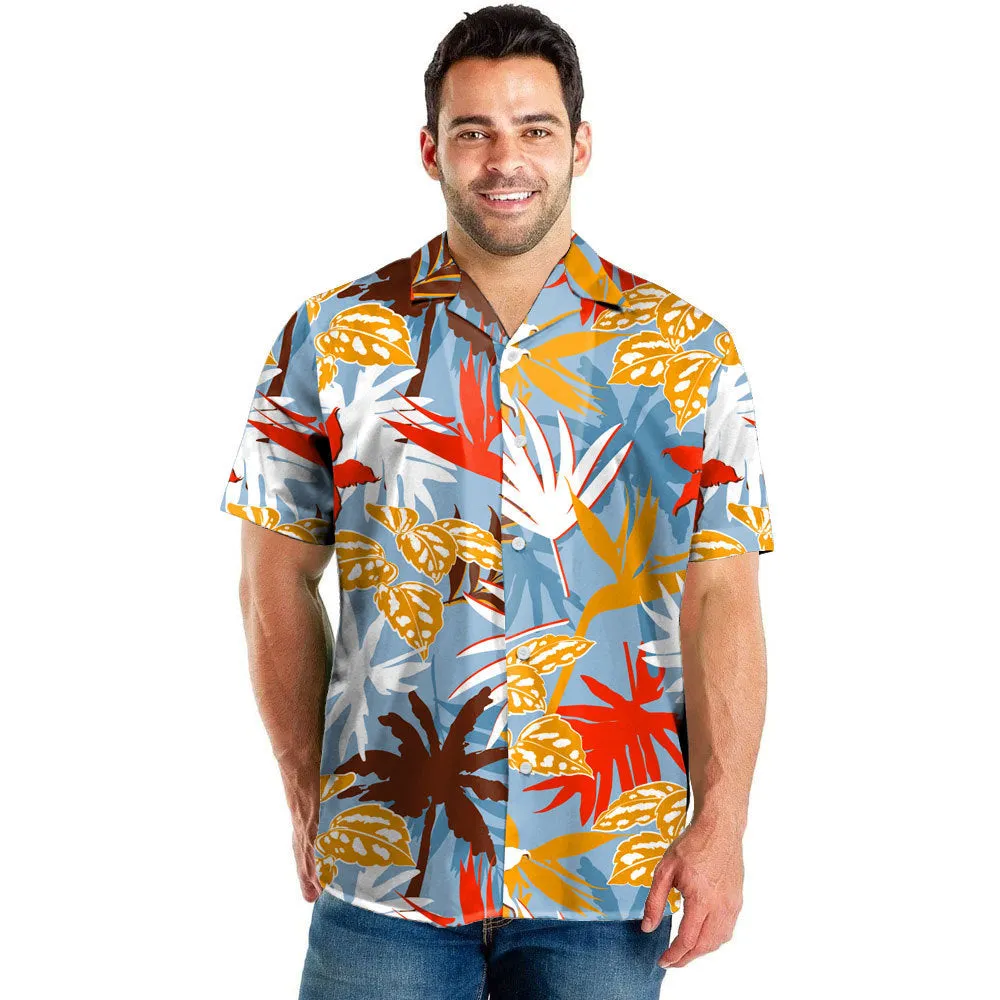 Men's beach digital printed shorts and shirt set with inner mesh lining, cotton blend fabric, short sleeves, two colour options